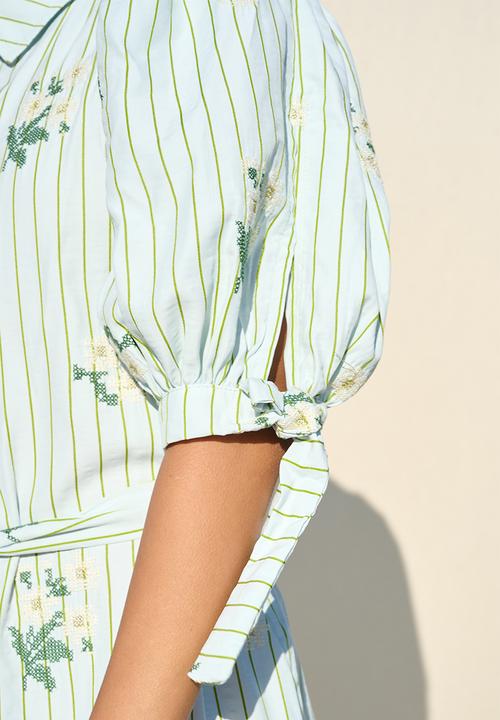 Me&B - Crosshatch Embroidered Puffed Sleeve Shirt Dress - Whitemulti