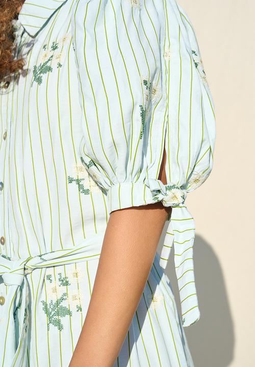 Me&B - Crosshatch Embroidered Puffed Sleeve Shirt Dress - Whitemulti