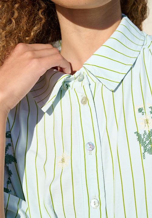 Me&B - Crosshatch Embroidered Puffed Sleeve Shirt Dress - Whitemulti