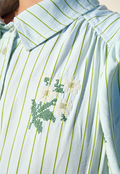 Me&B - Crosshatch Embroidered Puffed Sleeve Shirt Dress - Whitemulti