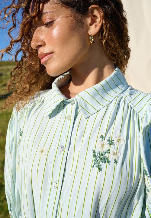 Me&B - Crosshatch Embroidered Puffed Sleeve Shirt Dress - Whitemulti