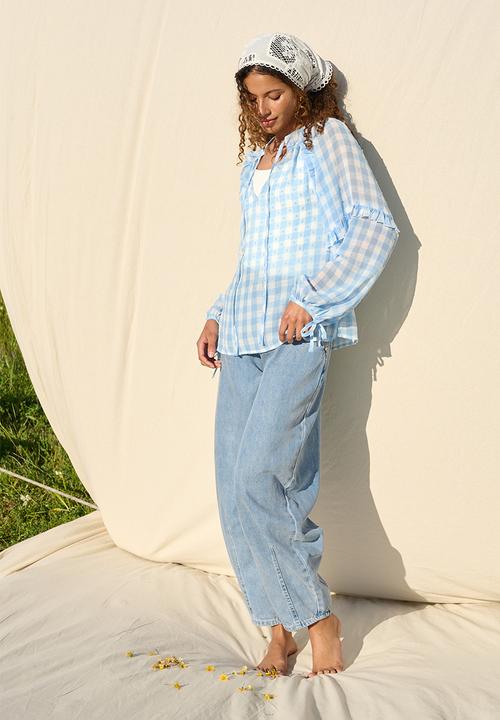 Me&B - Frill Neck Check Shirt - Ice Blue