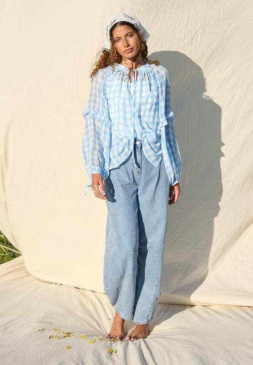 Me&B - Frill Neck Check Shirt - Ice Blue
