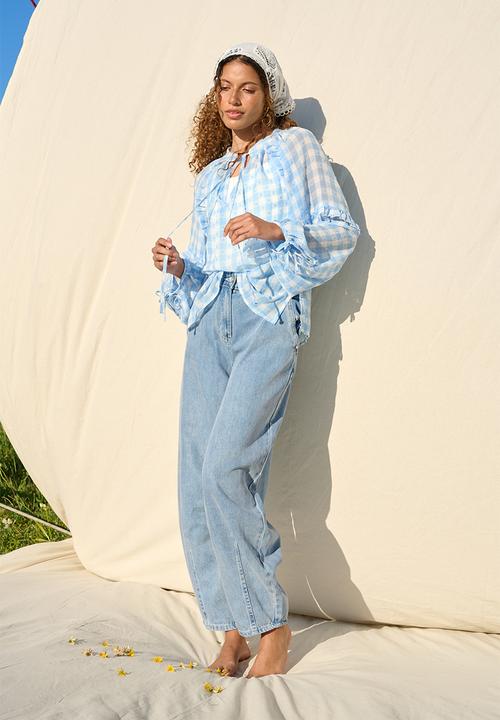 Me&B - Frill Neck Check Shirt - Ice Blue