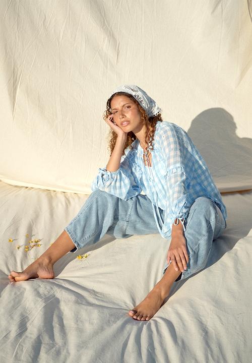 Me&B - Frill Neck Check Shirt - Ice Blue