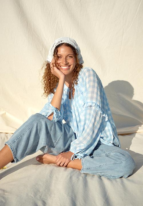Me&B - Frill Neck Check Shirt - Ice Blue
