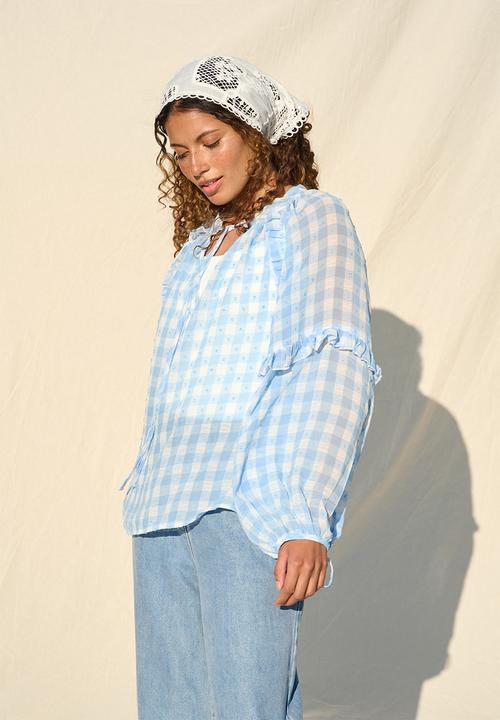 Me&B - Frill Neck Check Shirt - Ice Blue