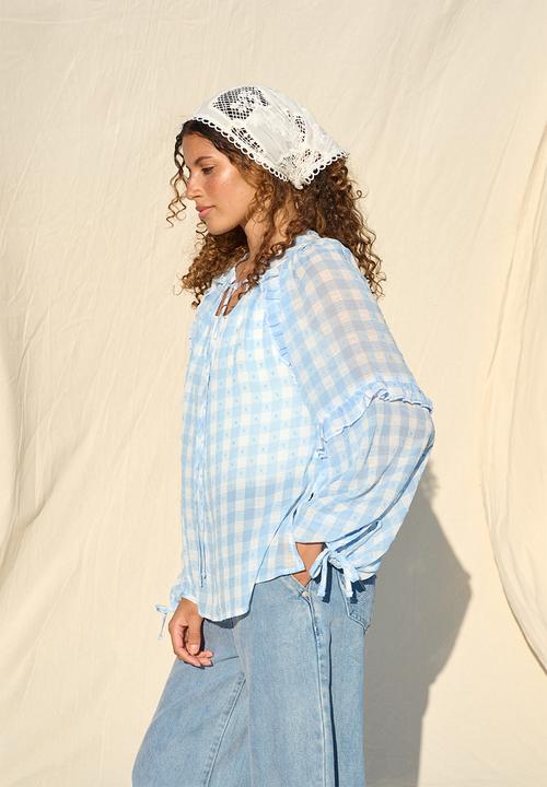 Me&B - Frill Neck Check Shirt - Ice Blue