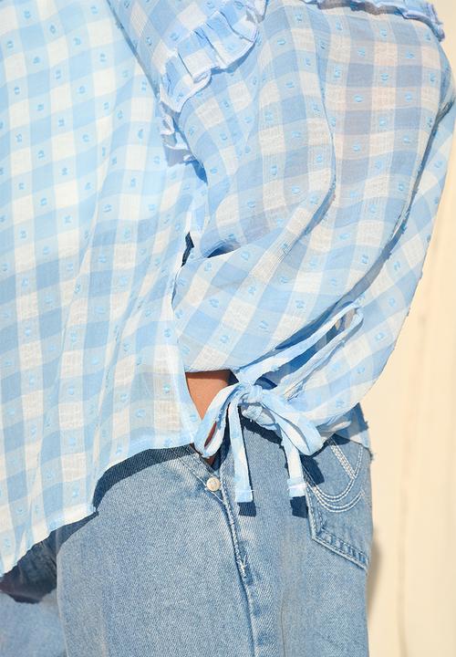 Me&B - Frill Neck Check Shirt - Ice Blue