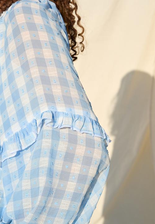 Me&B - Frill Neck Check Shirt - Ice Blue