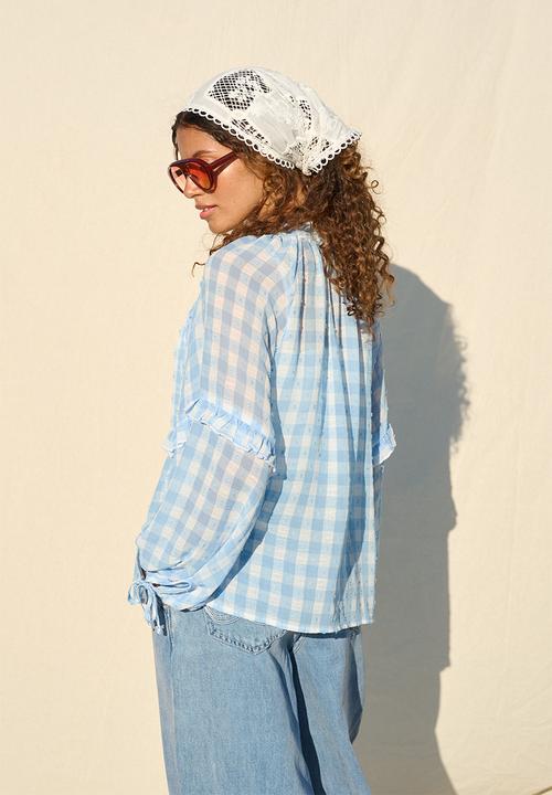 Me&B - Frill Neck Check Shirt - Ice Blue