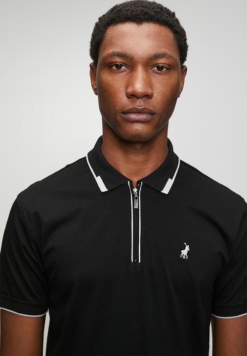 POLO - Mens plain dm tipped zip short sleeve golfer - black