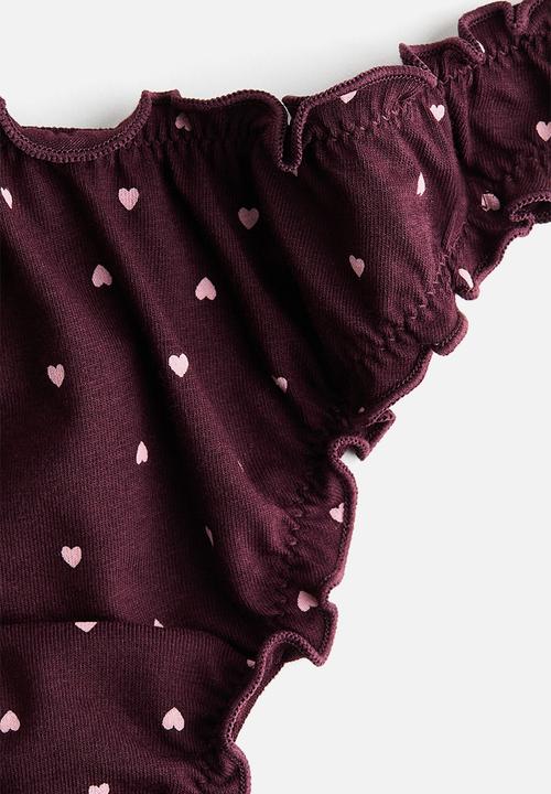 H&M - 3-Pack overlock-detail thong briefs - burgundy/hearts