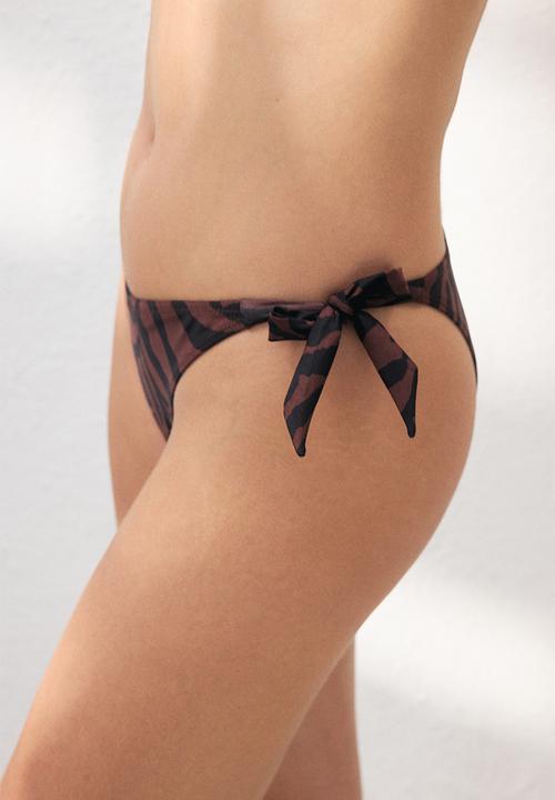 H&M - Tie tanga bikini bottoms - dark brown/zebra print
