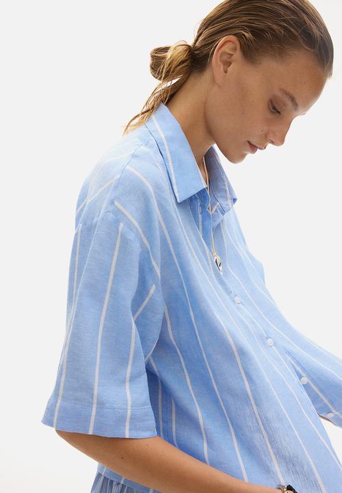 H&M - Oversized linen-blend shirt - light blue/striped