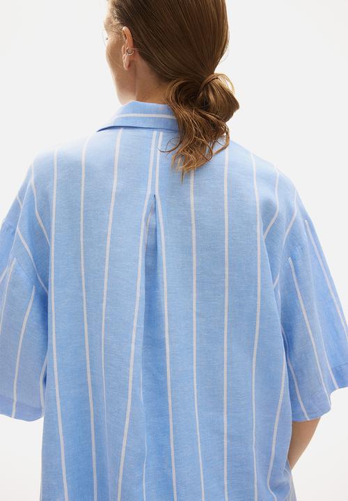 H&M - Oversized linen-blend shirt - light blue/striped