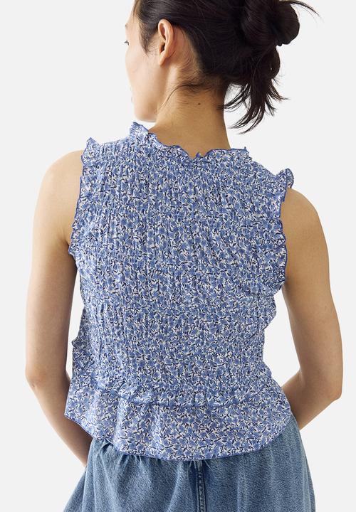 H&M - Tie-detail smocked top - blue/floral