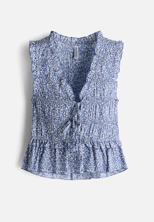 H&M - Tie-detail smocked top - blue/floral