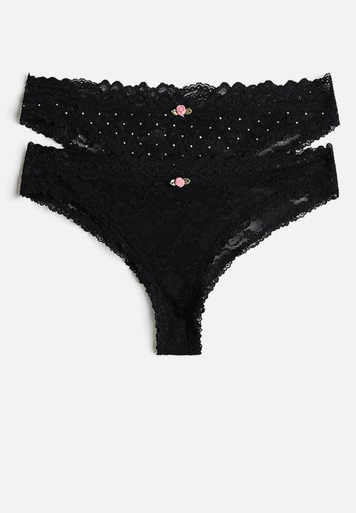 H&M - 2-pack lace brazilian briefs - black/polka dot