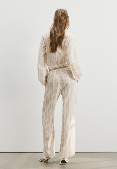 H&M - Wide linen-blend trousers - white/striped