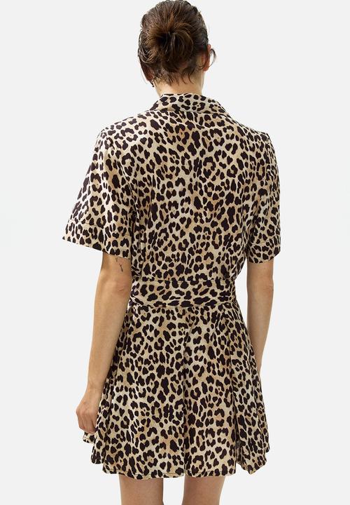 H&M - Tie-belt shirt dress - beige/leopard print