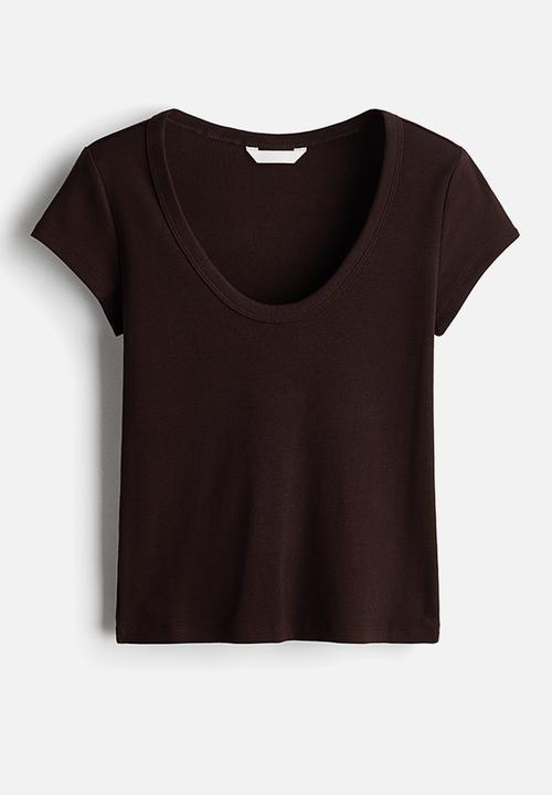 H&M - Ribbed scoop-neck T-shirt - dark brown