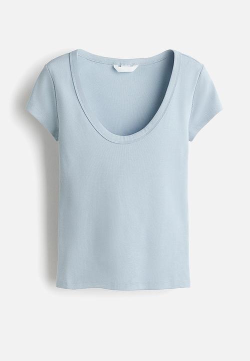 H&M - Ribbed scoop-neck T-shirt - light blue