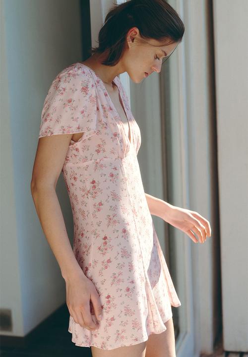 H&M - Flared-skirt viscose dress - light pink/floral