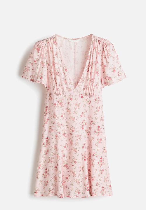 H&M - Flared-skirt viscose dress - light pink/floral