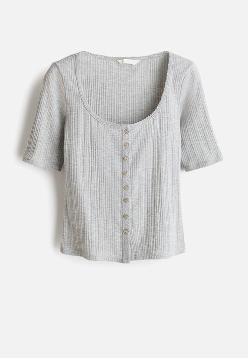 H&M - Pointelle-knit top - light grey marl