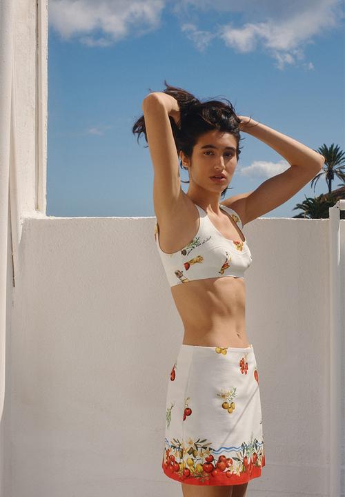 H&M - Cotton wrap skirt - cream/tomatoes