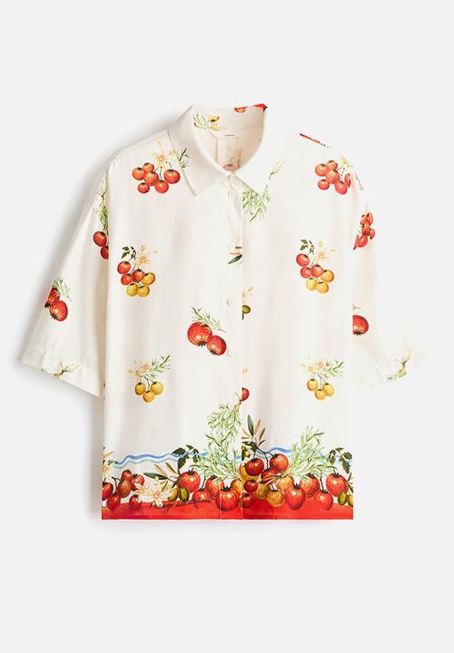 H&M - Oversized linen-blend shirt - cream/tomatoes