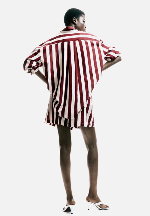 H&M - Oversized linen-blend shirt - dark red/striped