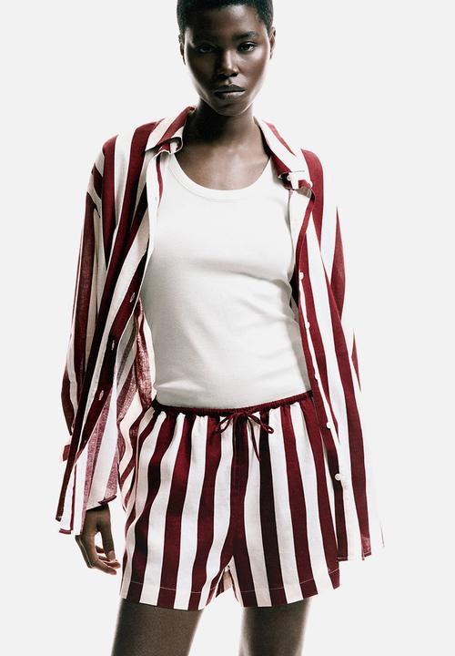 H&M - Oversized linen-blend shirt - dark red/striped