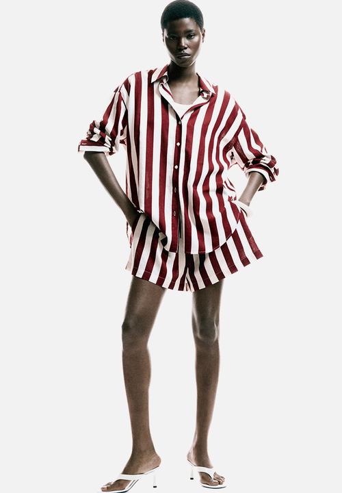 H&M - Oversized linen-blend shirt - dark red/striped