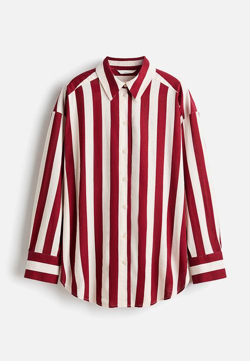 H&M - Oversized linen-blend shirt - dark red/striped