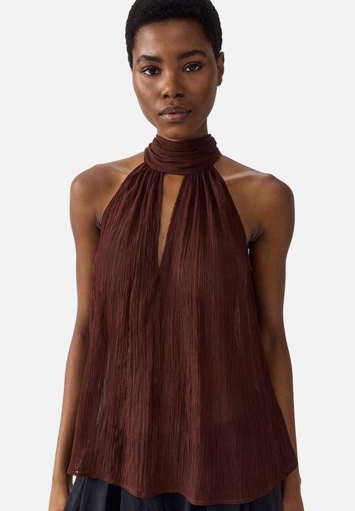 H&M - Scarf-collar chiffon top - dark brown