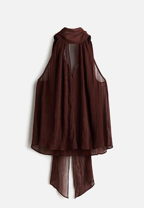 H&M - Scarf-collar chiffon top - dark brown