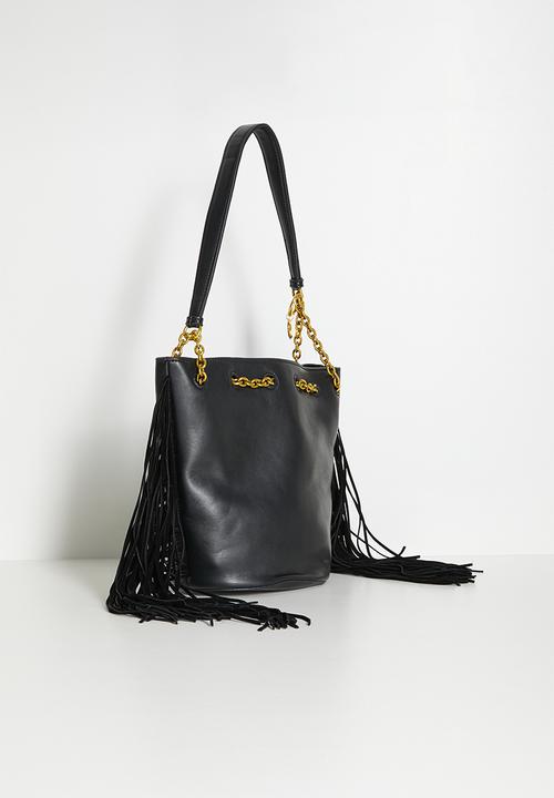 Tessa Design - Vale Fringed Bucket Bag With Chain Strap - Black