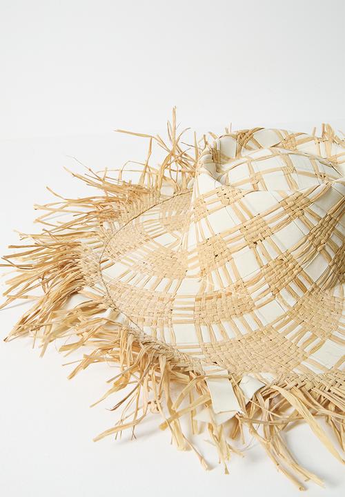 Tessa Design - Raya Two Tone Frayed Edge Wide Brim Sun Hat - Natural/White