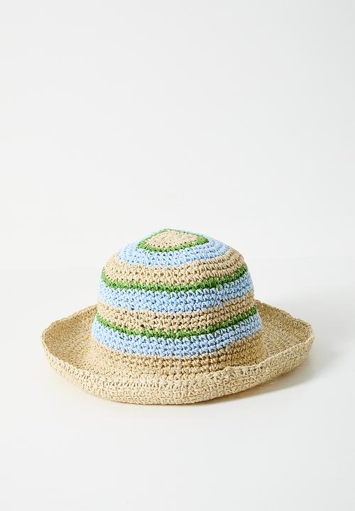 Tessa Design - Priya Woven Straw Striped Bucket - Natural/Blue/Green