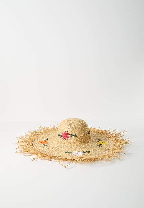 Tessa Design - Solenne Straw Frayed Edge Wide Brim Floral Embroidered Sun Hat-Natural