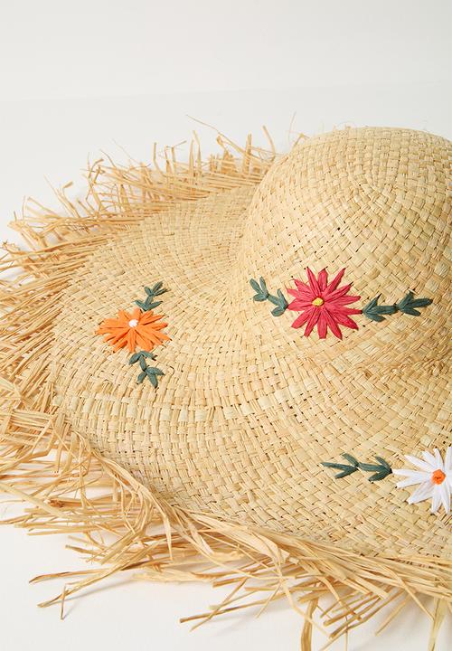 Tessa Design - Solenne Straw Frayed Edge Wide Brim Floral Embroidered Sun Hat-Natural