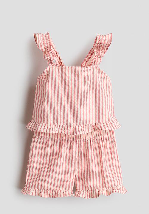 H&M - 2-piece frill-trimmed cotton set - red/beige striped