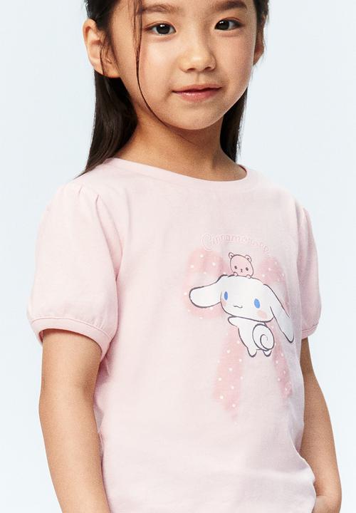 H&M - Printed puff-sleeved t-shirt - light pink/cinnamoroll