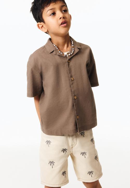 H&M - Embroidered twill shorts - light beige/palm trees