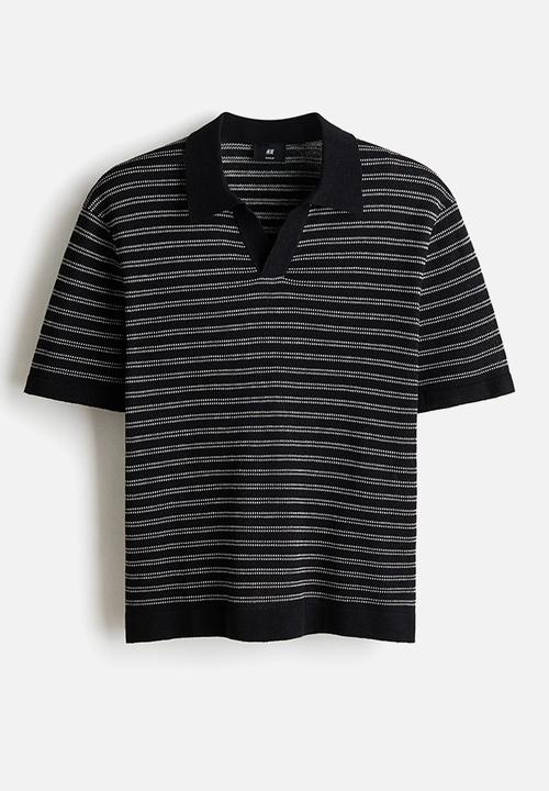 H&M - Regular fit linen-blend polo shirt - black/striped
