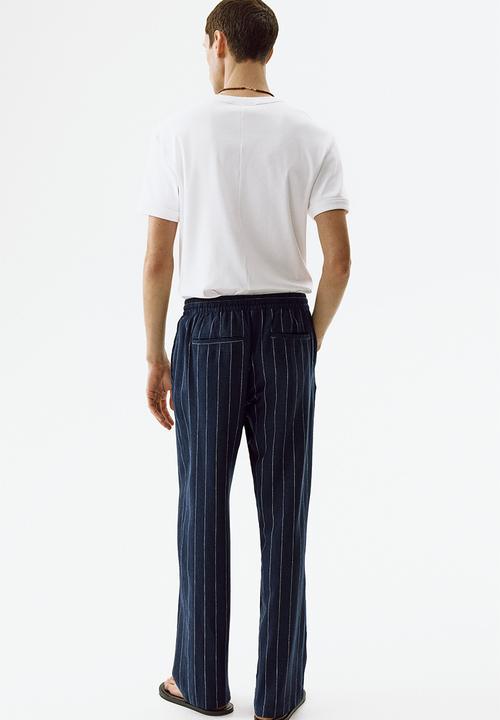H&M - Relaxed fit linen-blend trousers - navy blue/striped