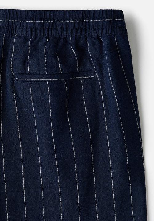 H&M - Relaxed fit linen-blend trousers - navy blue/striped