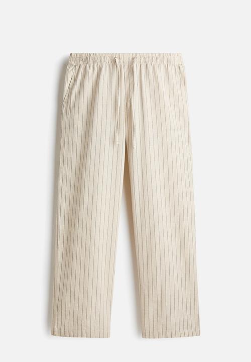 H&M - Relaxed fit linen-blend trousers - beige/striped